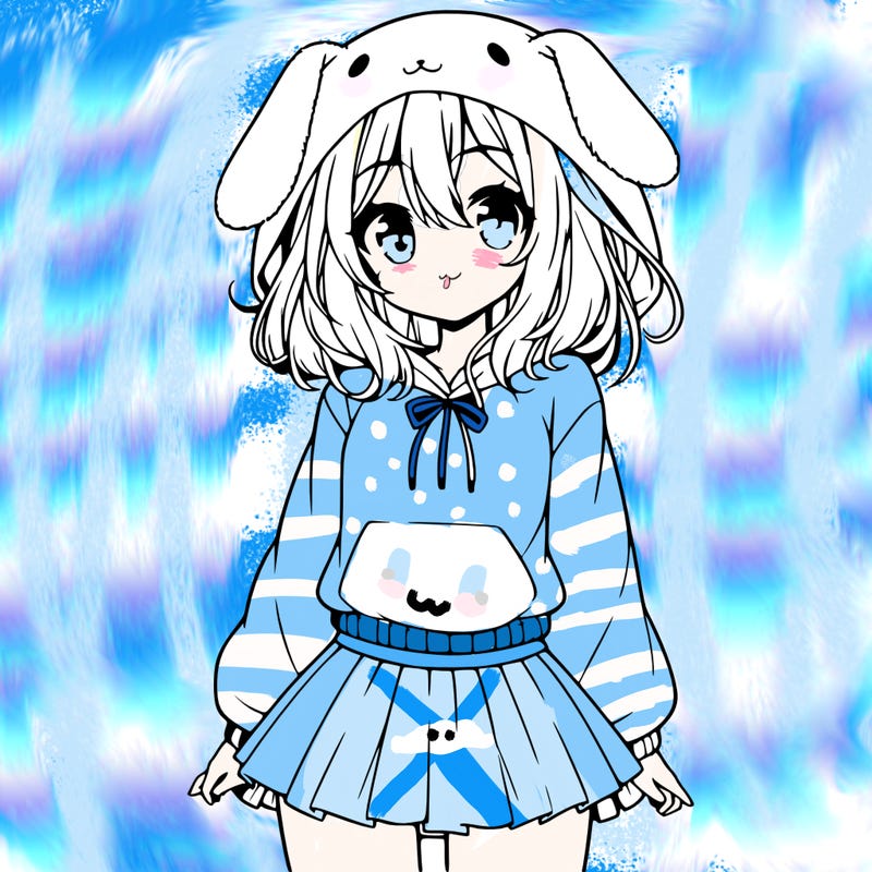 pretty anime girl wearing a fluffy hoodie with bunny ears on the hood and a skirt