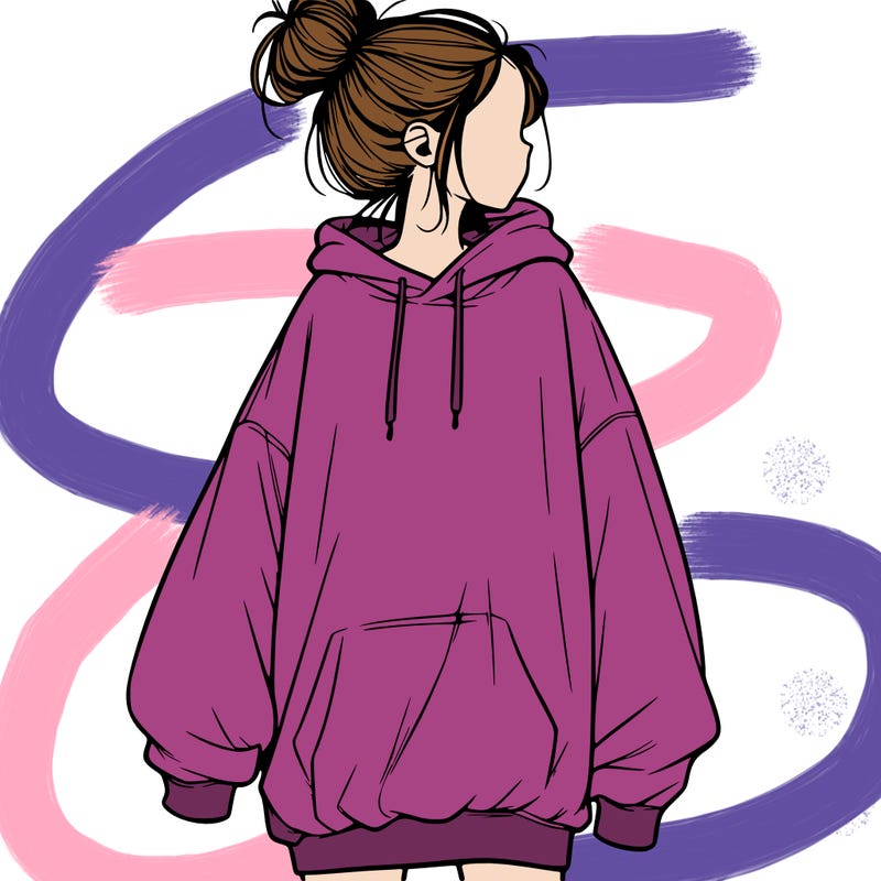 realistic girl with a oversized sweatshirt on and a bun