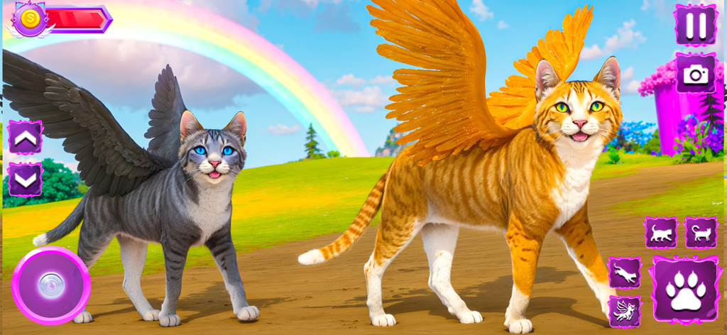 Kitty Fly Cat Adventure - Two flying cats with wings standing in a green field under a rainbow in a 3D simulation game.