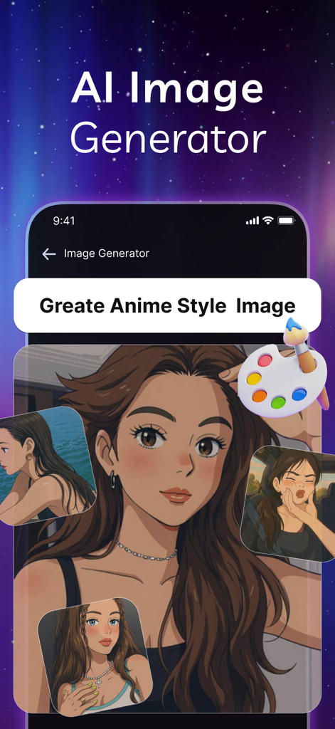 Cloud AI - AI Chat Assistant - Interfaz de la aplicación Cloud AI mostrando la función de generador de imágenes de IA creando retratos estilo anime