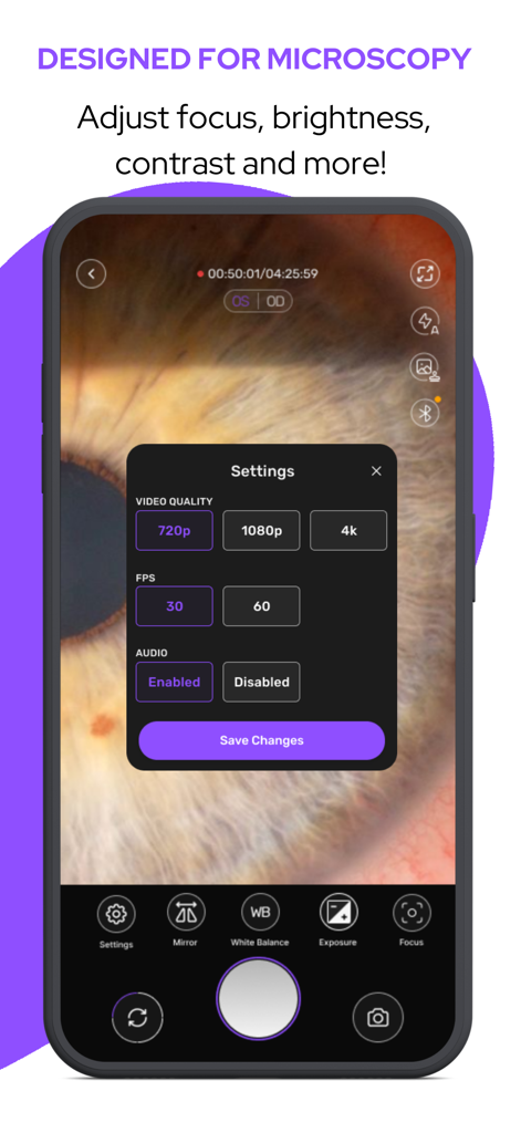 MicroREC App - MicroREC app camera settings interface showing video quality and focus controls for microscopic imaging