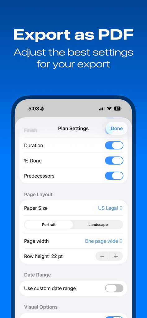 Schermata delle impostazioni per l'esportazione dei piani di progetto in PDF nell'app mobile MPP Viewer
