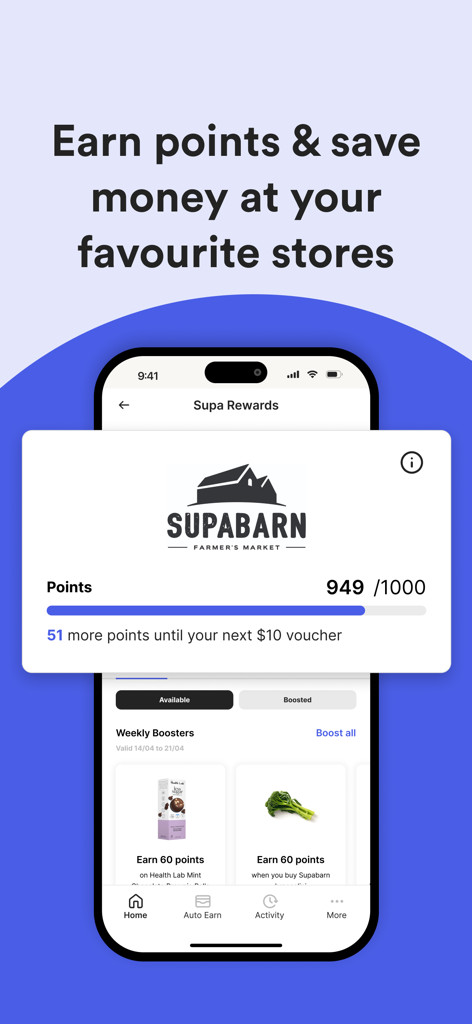Go Rewards - Loyalty, Receipts - Go Rewardsアプリのインターフェース。ロイヤルティポイントの進捗状況と週間のお買い物特典を表示。