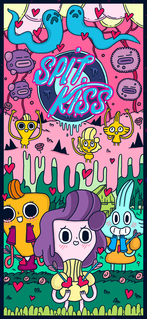Colorful hand-drawn illustration featuring the Spitkiss game characters and title