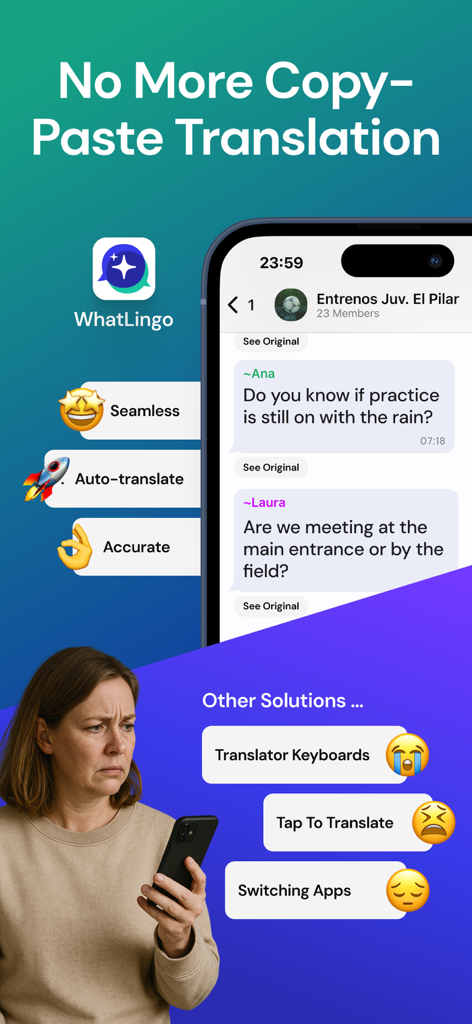 WhatLingo: Chat Translator - WhatLingo app interface showing automatic translation for WhatsApp messages