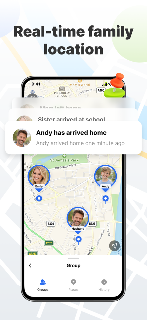 Phone Tracker: Find Family - Carte de localisation familiale en temps réel avec notifications d'arrivée et de départ sur un téléphone portable.