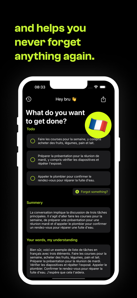 A screenshot of the bru todo app interface showing tasks and summaries generated from French voice input
