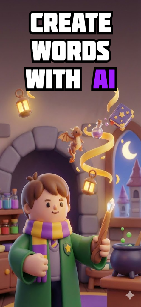 Um personagem de mago 3D ilustrando o recurso de geração de palavras por IA no aplicativo Imposter Game Online