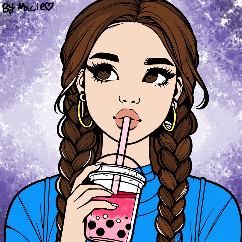 realistic girl with braided hair drinking boba