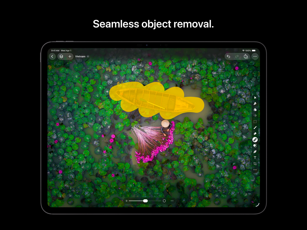 A screenshot of Pixelmator Pro on iPad showing the seamless object removal tool highlighting a boat on a lily pond for deletion