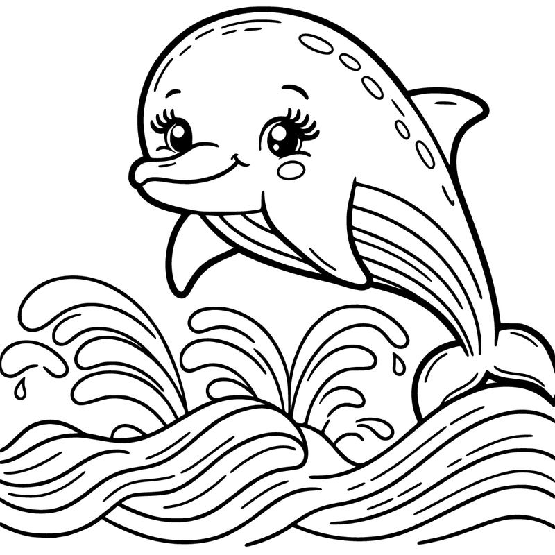 cute dolphin, smiling, long eyelashes, jumping over sea waves