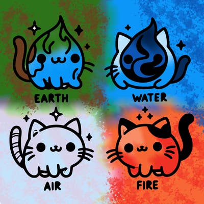 4 cats that represent the different elements, earth, water, air, and fire