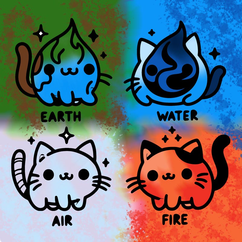 4 cats that represent the different elements, earth, water, air, and fire