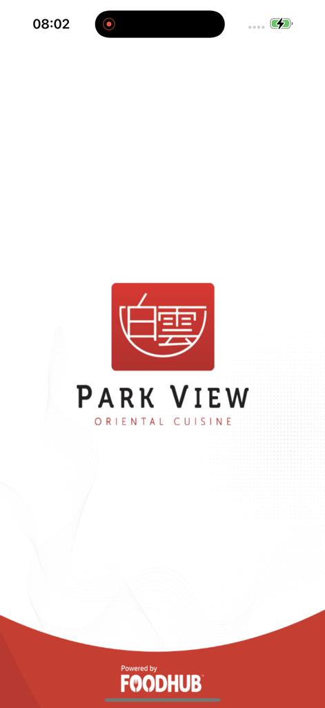 Splash screen for the Park View Oriental Cuisine mobile app featuring the restaurant logo and Foodhub partnership.