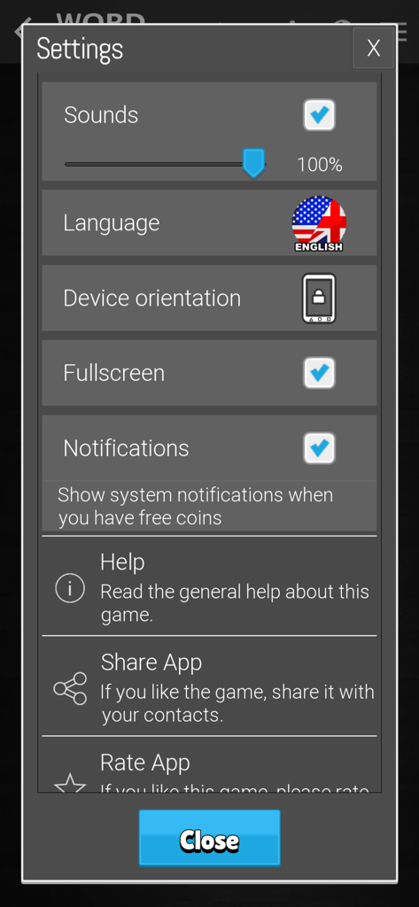 Word Architect - Word Architect 앱 설정 메뉴. 소리, 언어 및 알림 옵션이 있습니다.