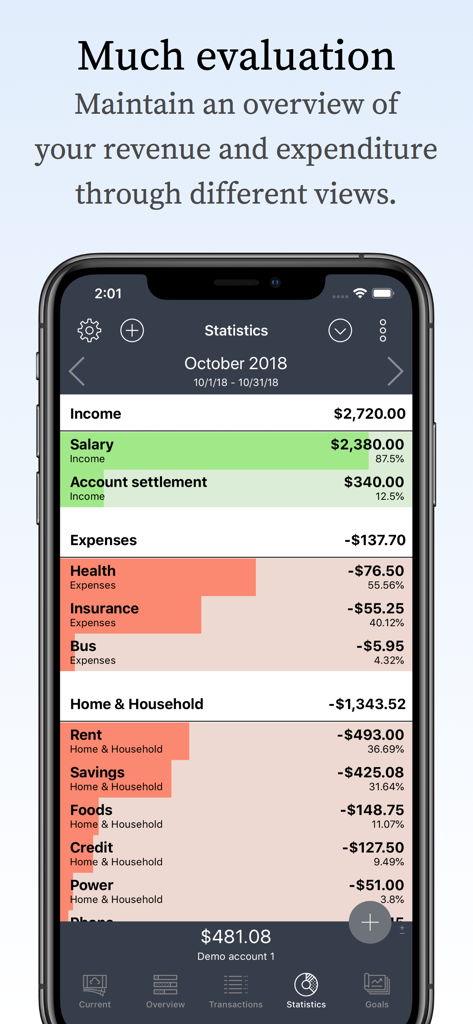 My Budget Book Pro Edition - Monthly statistics dashboard showing a detailed breakdown of income and expense categories with colored progress bars