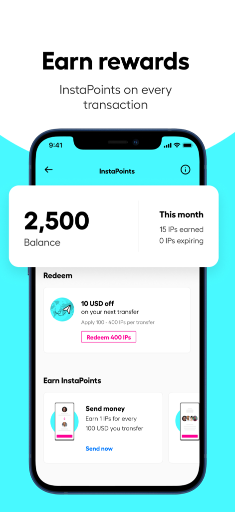 Instarem: Send money abroad - Instarem-App-Bildschirm mit InstaPoints-Guthaben und Einlöseoptionen für Prämien bei Geldüberweisungen