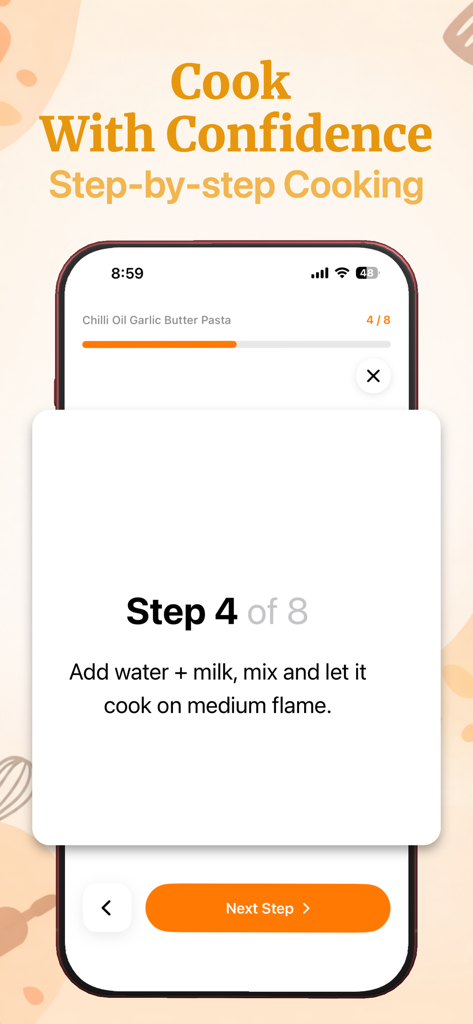 Recipe Keeper - Cooklet - Mobile screen showing step 4 of 8 for a pasta recipe in the Cooklet app