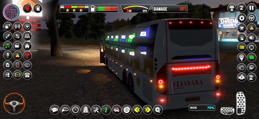 Public Transport Bus Games 3D - Una pantalla de juego de simulación de autobús de transporte público que muestra un autobús por la noche con varios controles de conducción