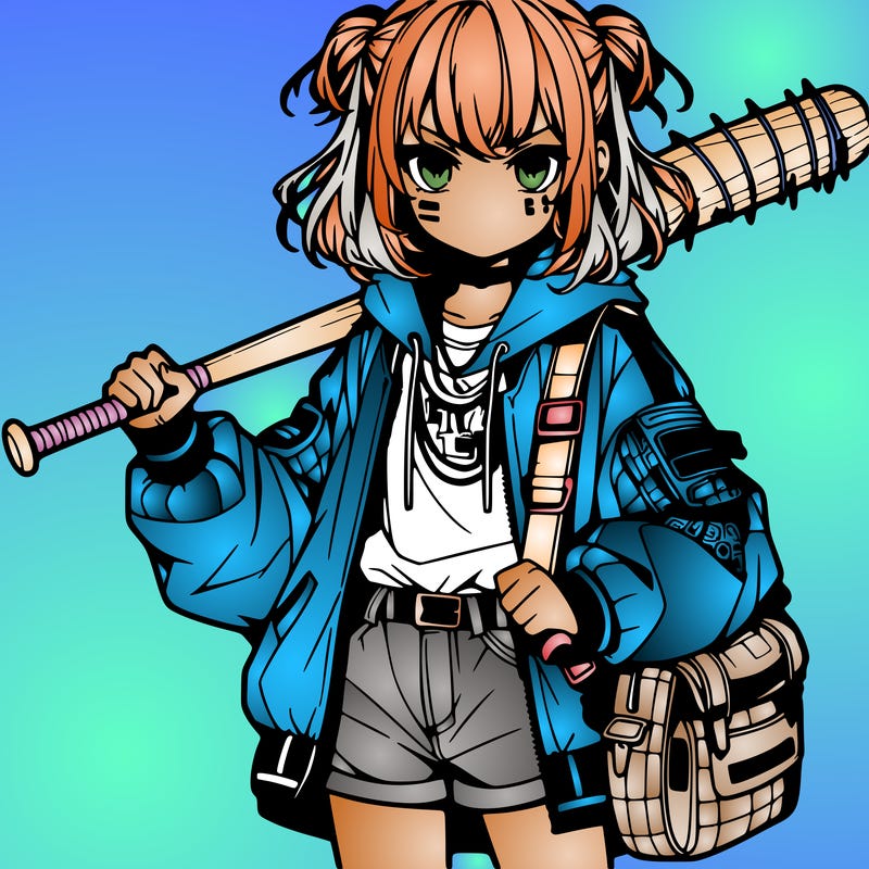 an anime girl with a baseball bat and streetwear