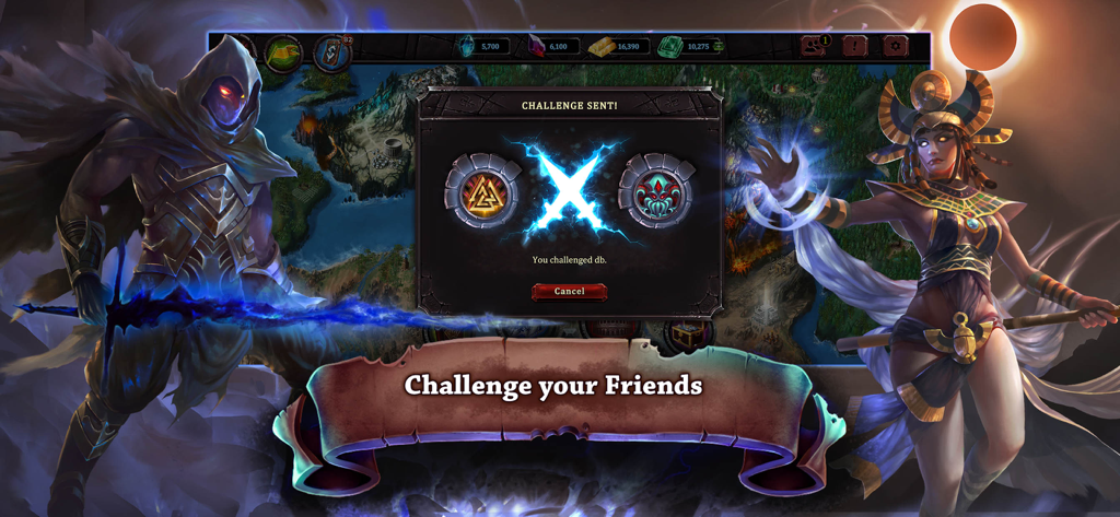 Zwei Fantasy-Champions flankieren ein zentrales Pop-up mit der Aufschrift "Herausforderung gesendet" und einem Banner darunter mit der Aufschrift "Fordere deine Freunde heraus"