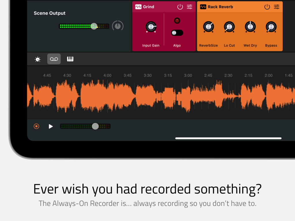 Interface of the Sessions app showing the always-on recorder feature with an orange audio waveform.