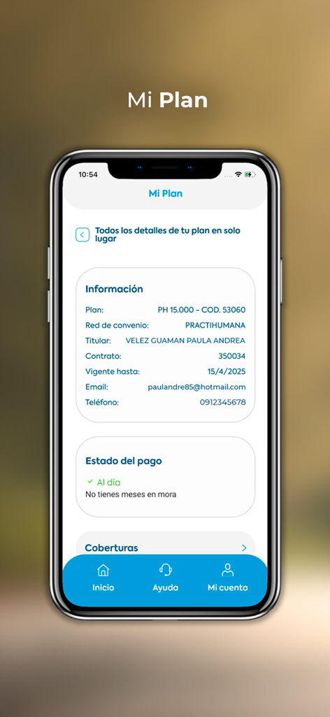 Mi Humana - Mobile screen of the Mi Humana app displaying health insurance plan information and payment status in Spanish.