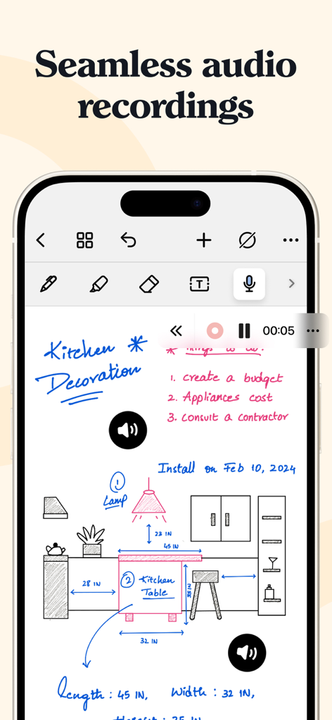 iPhone screen showing Noteshelf 3 app with handwritten kitchen design notes and an active audio recording session