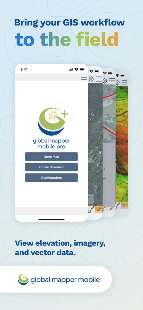 Schermate dell'app Global Mapper Mobile che mostrano le funzioni del flusso di lavoro GIS per la mappatura sul campo e la raccolta dati