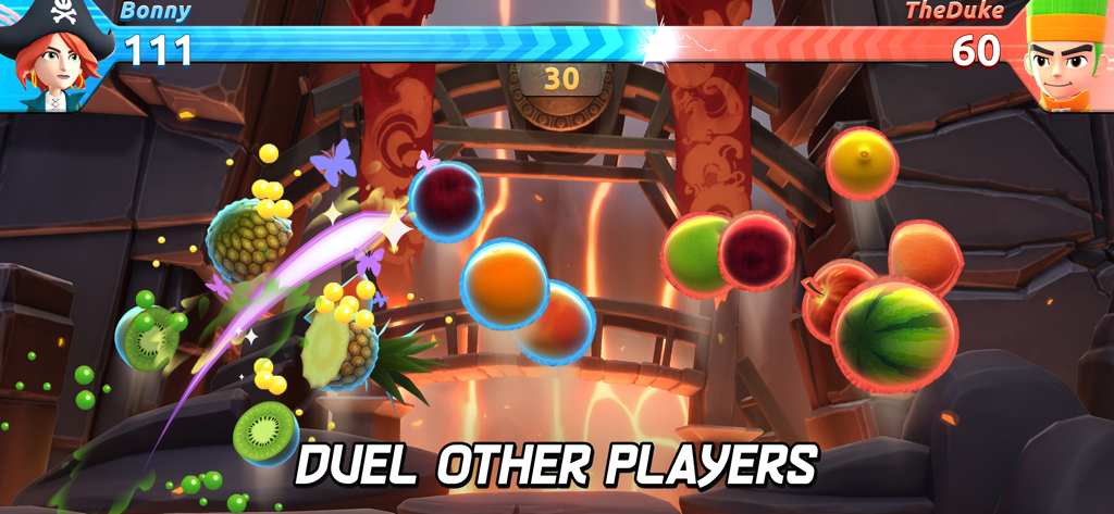 Real time competitive fruit slicing duel between two players in Fruit Ninja 2