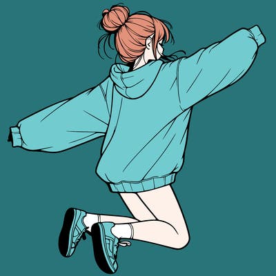 realistic girl jumping with a bun and oversized sweatshirt