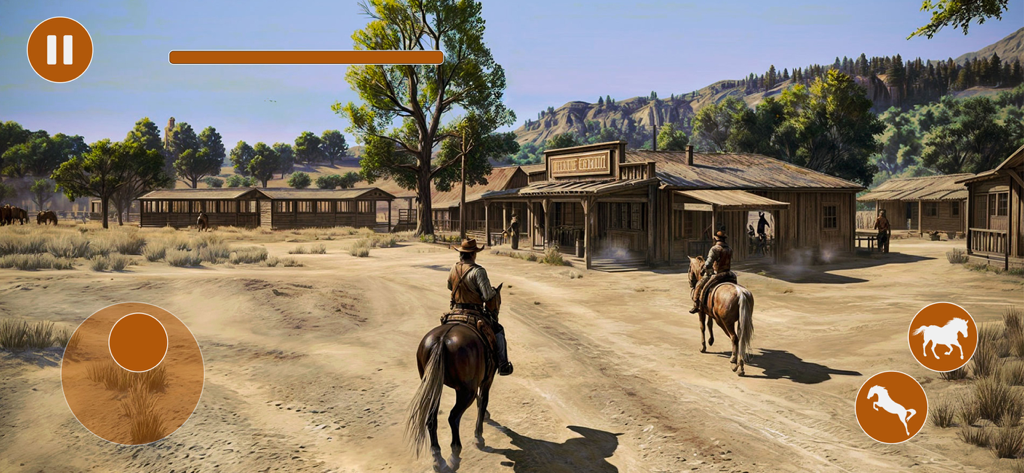 Cowboy Horse Racing Games Sim - A cowboy riding a horse through a wooden Wild West town in a simulation game