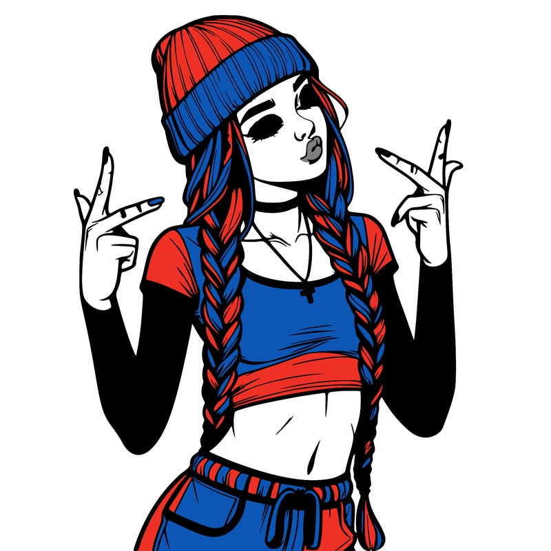 realistic teenage girl with braids and a beanie and crop top doing 🫶🏼