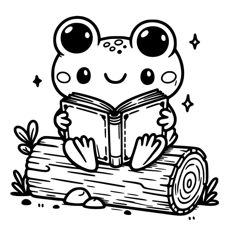 cute frog reading book on a log