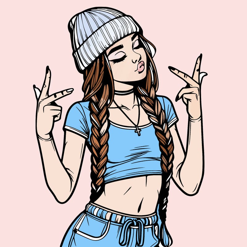 realistic teenage girl with braids and a beanie and crop top doing 🫶🏼