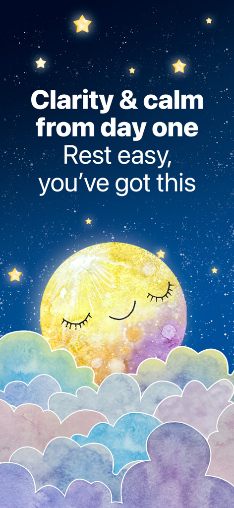 Baby Tracker & Easy Log: Grow - Illustration of a smiling sleeping moon above clouds with text promoting clarity and calm for new parents