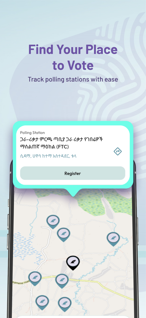 Smartphone screen displaying the Mirchaye app interactive map for finding and registering at polling stations