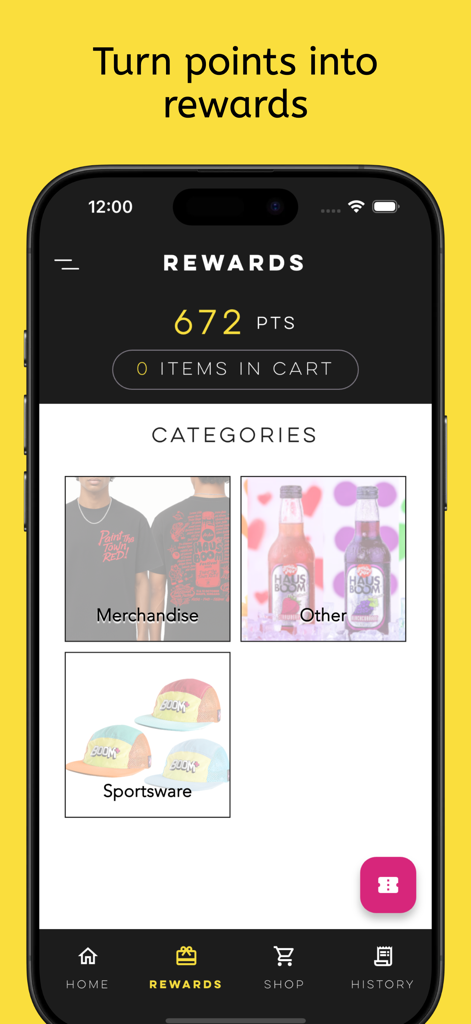 Boom Club app rewards screen showing reward categories like merchandise and sportswear for point redemption
