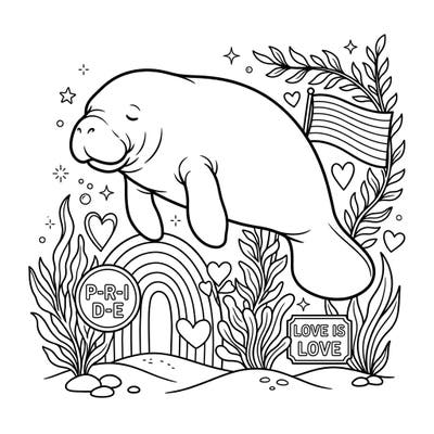 Dive into a serene world with this adorable manatee resting amidst symbols of Pride. This charming coloring page is perfect for celebrating love, diversity, and the gentle beauty of marine life.