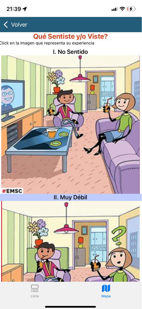 INSIVUMEH Alerta de Terremotos - 感じないから非常に弱いまで地震の強度を分類するために使用されるイラストを示すレポート画面。