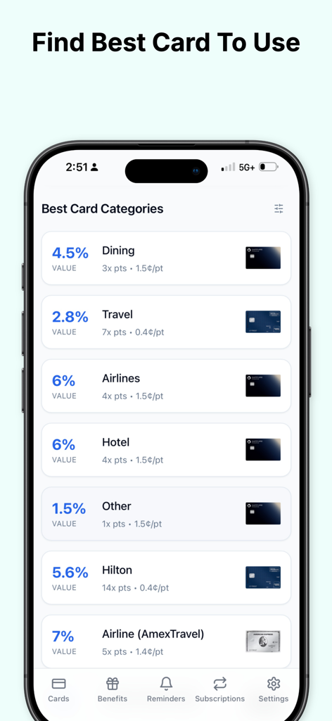 MaxWorth: AI Credit Card Tool - Interfaz de la aplicación MaxWorth que muestra tarjetas de crédito recomendadas y porcentajes de recompensas para diferentes categorías de gasto