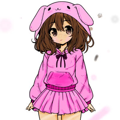 pretty anime girl wearing a fluffy hoodie with bunny ears on the hood and a skirt