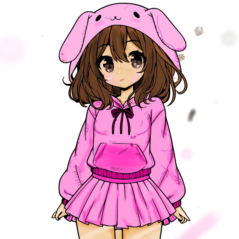 pretty anime girl wearing a fluffy hoodie with bunny ears on the hood and a skirt