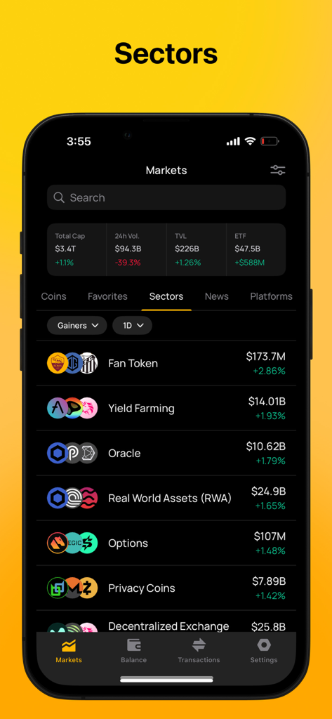 アンストッパブル・クリプトウォレットアプリのインターフェース。仮想通貨市場セクターとパフォーマンス分析を表示。