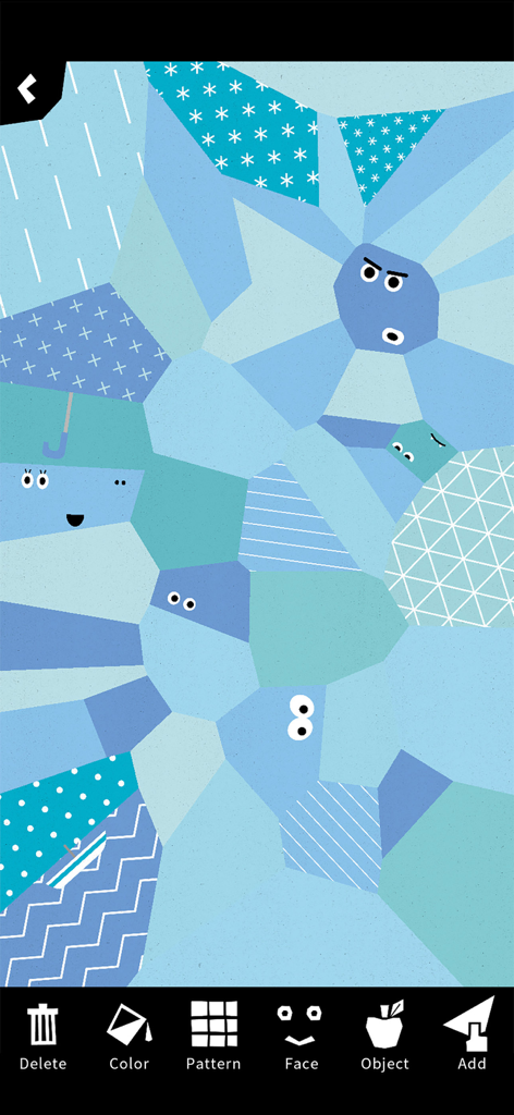 KAKU² - Funny Shape Play - A creative canvas featuring a mosaic of blue geometric shapes with cartoon eyes and patterns in KAKU Funny Shape Play