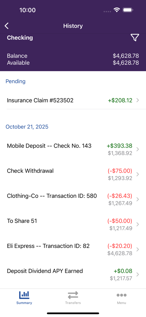 Schermata dell'app mobile che mostra il saldo del conto corrente e la cronologia delle transazioni per l'app Police Credit Union
