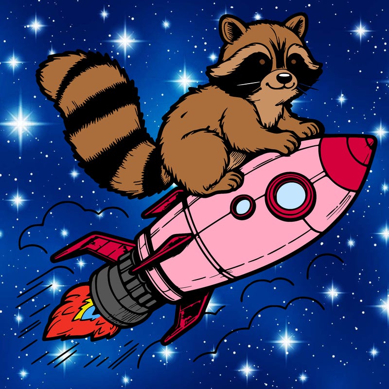 realistic raccoon flying on top rocket ship