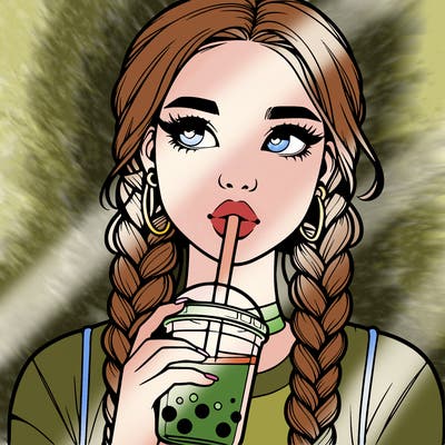 realistic girl with braided hair drinking boba