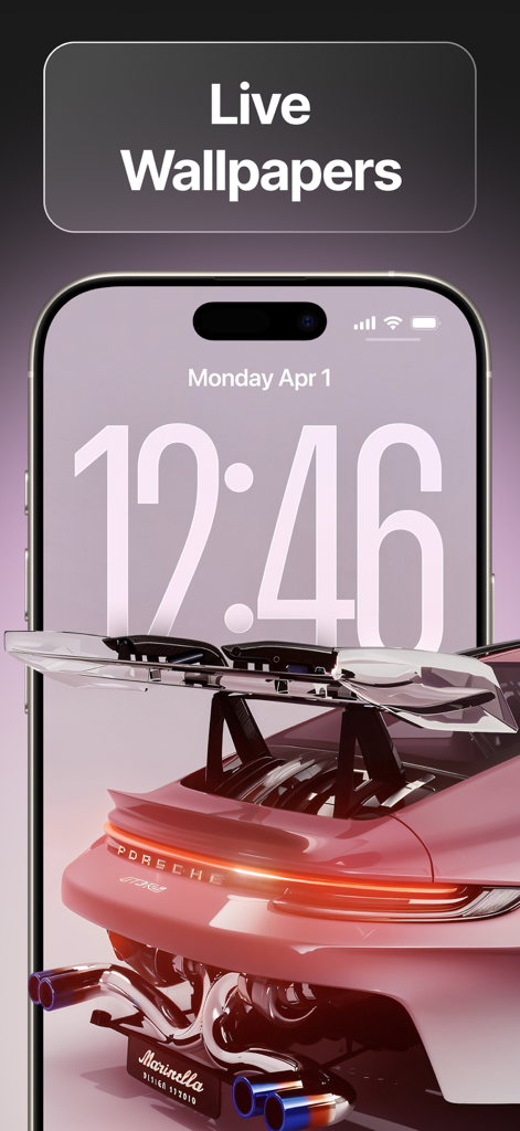 Pantalla de iPhone con un coche deportivo Porsche rosa como fondo de pantalla animado de alta calidad de la app WallPics