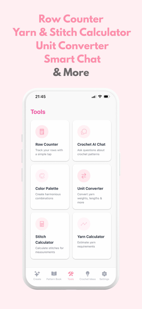 Crochet AI: Crochet Patterns - A smartphone screen showing the tools menu of the Crochet AI app with features like row counter and AI chat.